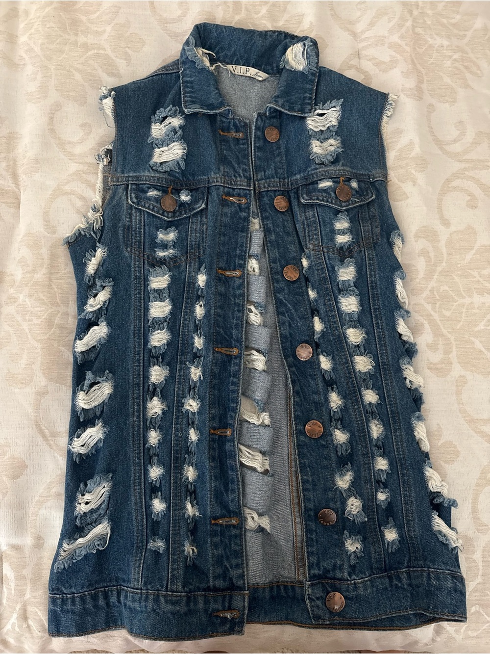 Distressed Sleeveless Denim Vest - Dark Blue